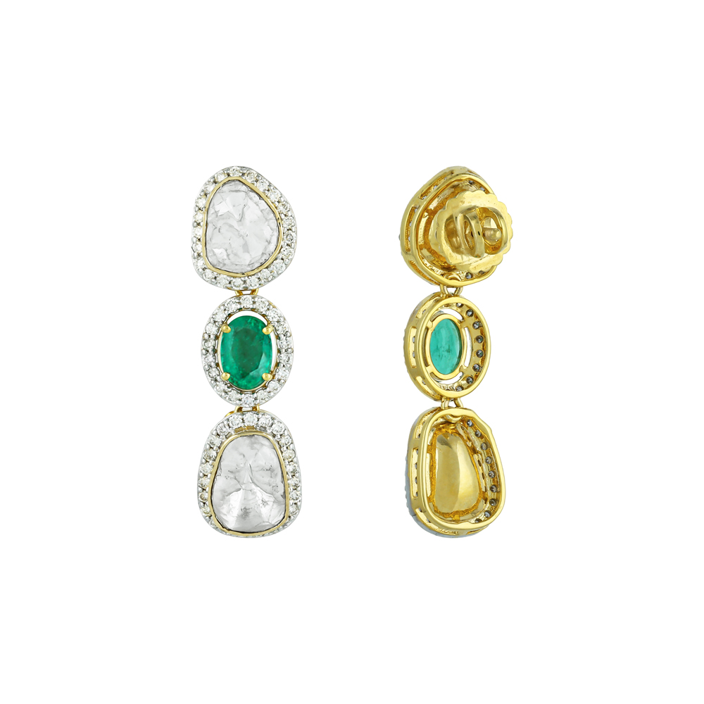 Oval Emerald Earrings with Polki & Diamond Halo Borders